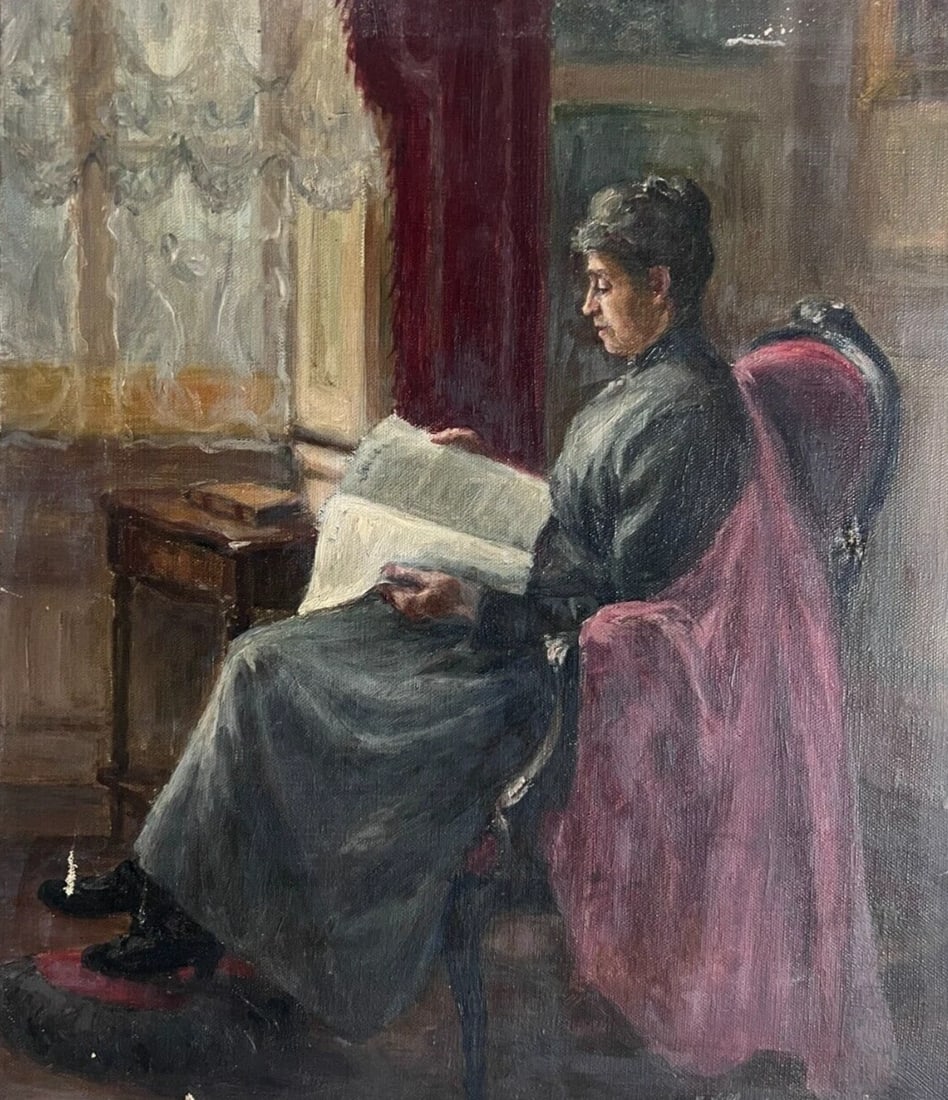 Woman Portrait Reading Antique Oil Painting canvas signed: Title:Woman Portrait Reading Antique Oil Painting canvas signedDescription:Antique Oil Painting canvas signed Woman Portrait Reading Oil on canvas signed 38 x 46 cm damages Reserve: $300.00 