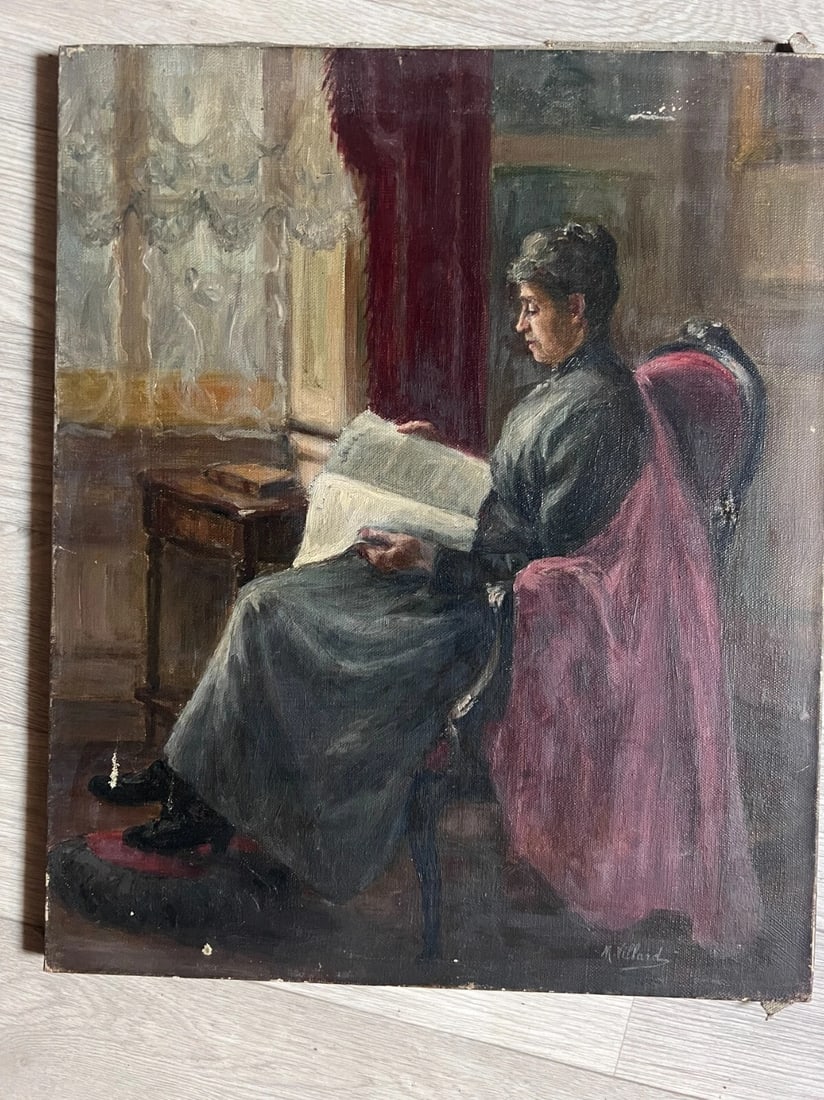 Woman Portrait Reading Antique Oil Painting canvas signed - 6