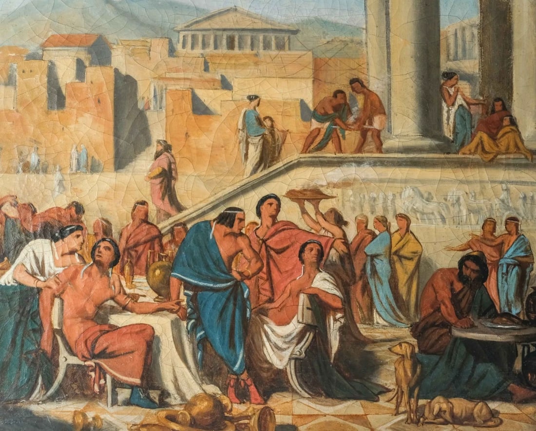 Banquet Scene in Athens, People - Painting Antique Original Old 19th century: Title:Banquet Scene in Athens, People - Painting Antique Original Old 19th centuryDescription: Oil on canvas 35 x 45 cm student of Pirot or Delaroche, around G Boulanger Reserve: $1,500.00 