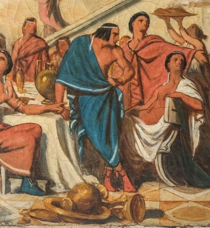 Banquet Scene in Athens, People - Painting Antique Original Old 19th century - 4