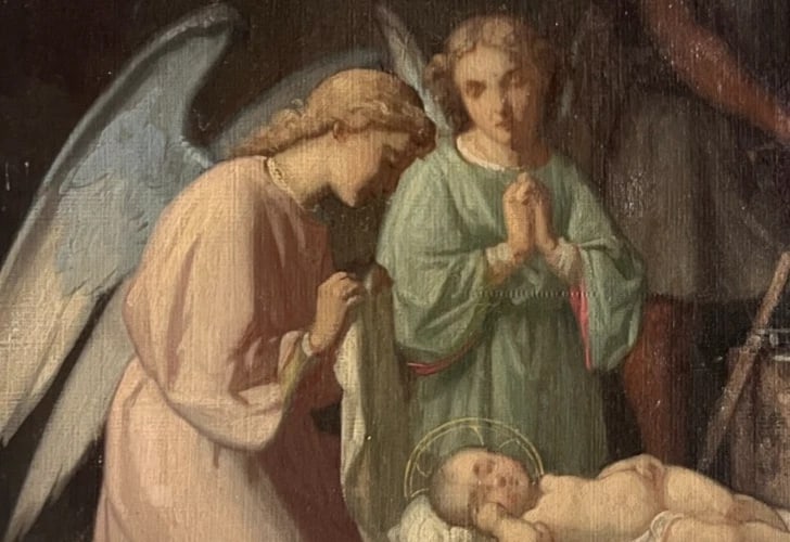 Antique Painting Original 19th century Religious Christ, Mary, Apostles Nativity - 5