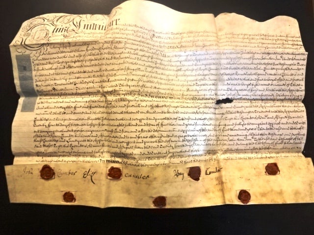 1723 English Vellum Indenture Seven Red Wax Seals: Title: 1723 English Vellum Indenture Seven Red Wax Seals Additional Information: Nicely penned English vellum indenture dated 1723 during the reign of George II being a Fine on property in Ashburton