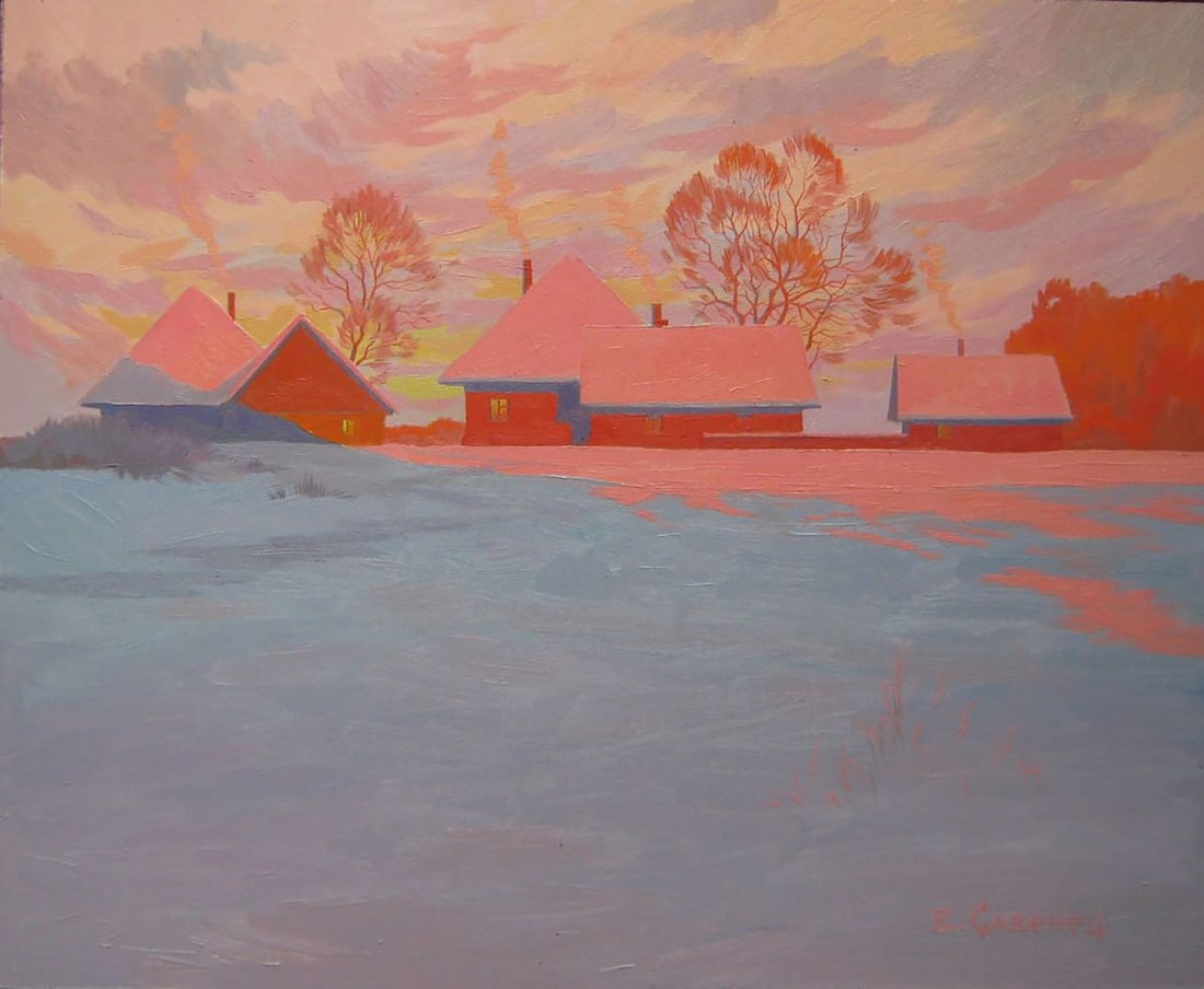 Oil painting Winter evening village Valery Savenets: Title: Oil painting Winter evening village Valery Savenets Description: ?Sav 355 *** ABOUT THIS PAINTING *** * TITLE: "Winter evening village" * ARTISTS: Valery Savenets * SIZE: 45x55 cm/'17.71x21.65