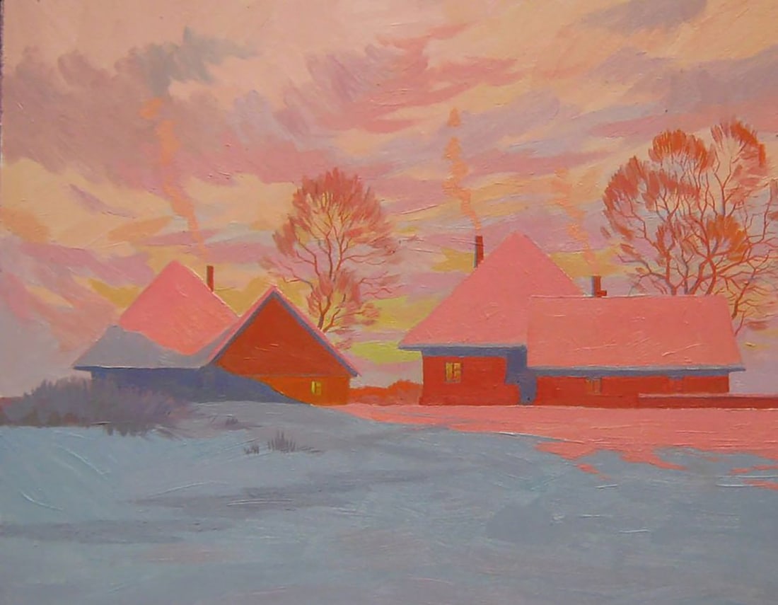 Oil painting Winter evening village Valery Savenets - 4
