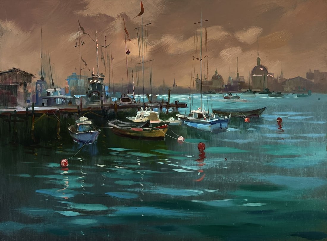 Oil painting Sunset at the city pier Yuriy Suprunchuk - 3