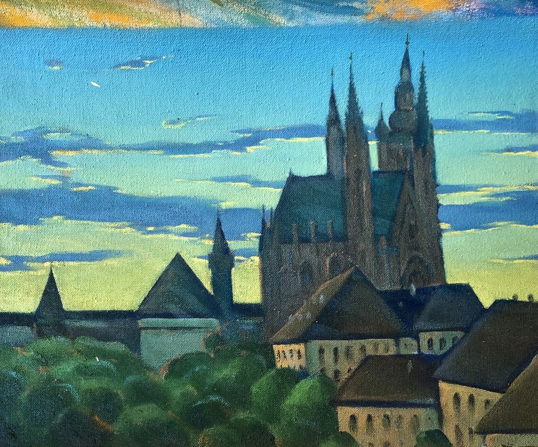 Oil painting City Castle Mykhailo Burdylo: Title: Oil painting City Castle Mykhailo Burdylo Description: ?AAA3431The oil painting titled "City Castle" depicts a grand medieval castle towering over the rooftops of a historic town at sunset.