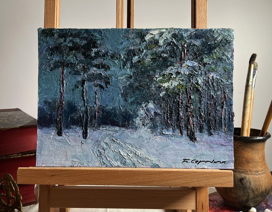 Oil painting Winter trail in the forest Boris Serdyuk: Title: Oil painting Winter trail in the forest Boris Serdyuk Description: ?AAA3698"Winter Trail in the Forest" is a striking oil painting on cardboard that captures the peaceful yet mysterious beauty