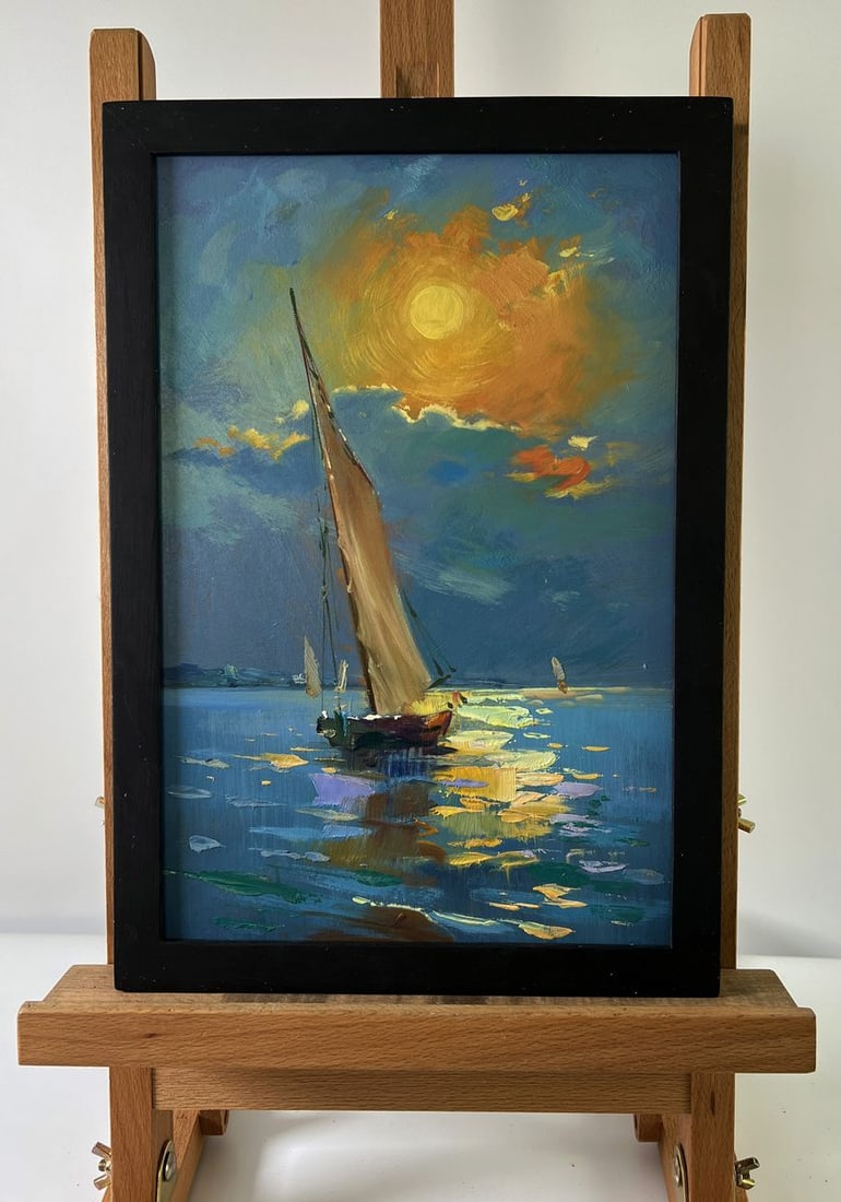 Oil painting Boat at sunset Yuriy Suprunchuk: Title: Oil painting Boat at sunset Yuriy Suprunchuk Description: ?AAA5773 The Oil painting Cardboard titled "Boat at sunset" captures a breathtaking moment where the elements of sky, water, and vessel