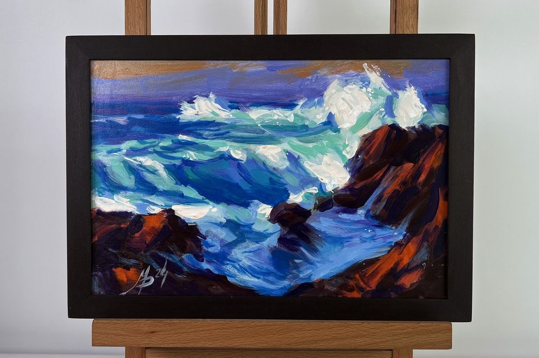 Acrylic painting Waves crash against the rocks Mykhailo Patskan: Title: Acrylic painting Waves crash against the rocks Mykhailo Patskan Description: ?AAA4834 The acrylic painting on cardboard titled "Waves Crash Against the Rocks" captures the raw power and untamed