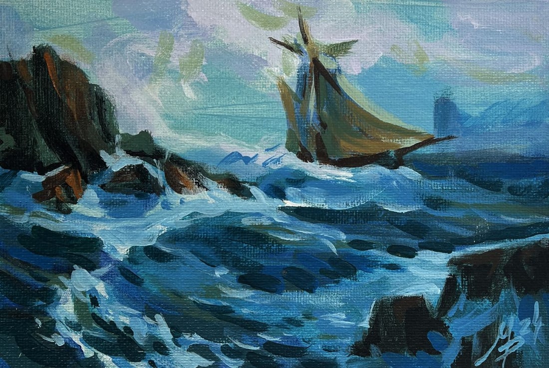 Acrylic painting Ship among the rocks Mykhailo Patskan - 3