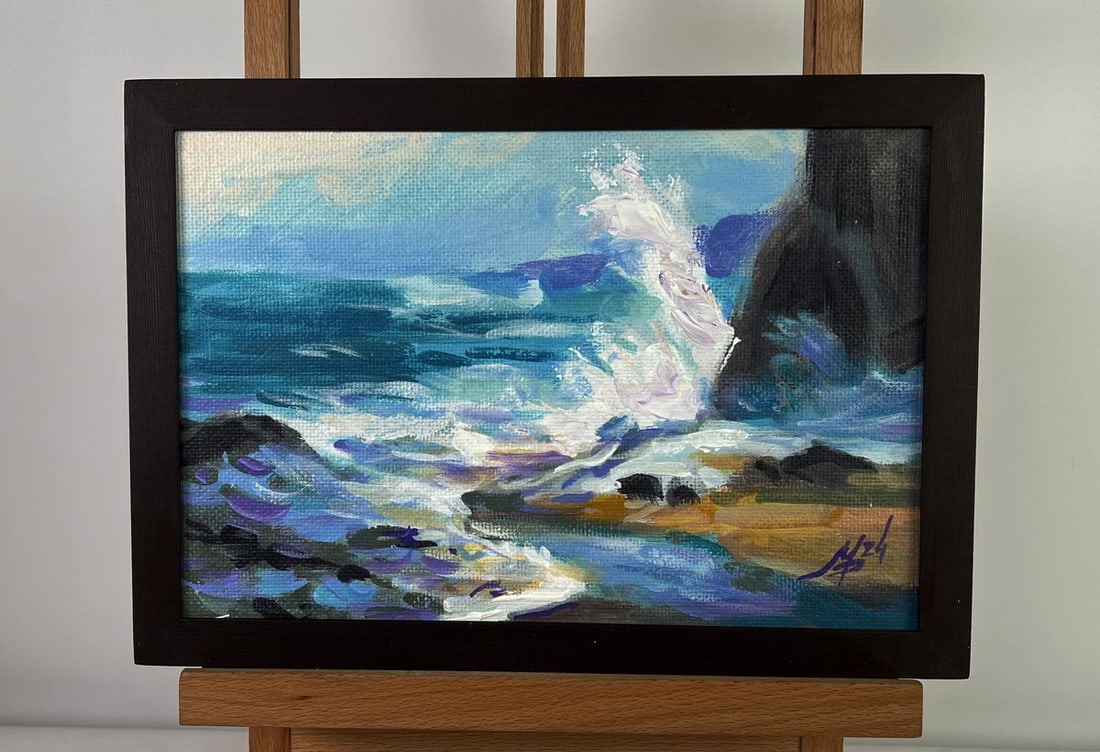 Acrylic painting White foam on dark cliffs Mykhailo Patskan: Title: Acrylic painting White foam on dark cliffs Mykhailo Patskan Description: ?AAA4845 The acrylic painting on cardboard titled "White Foam on Dark Cliffs" is a striking representation of the