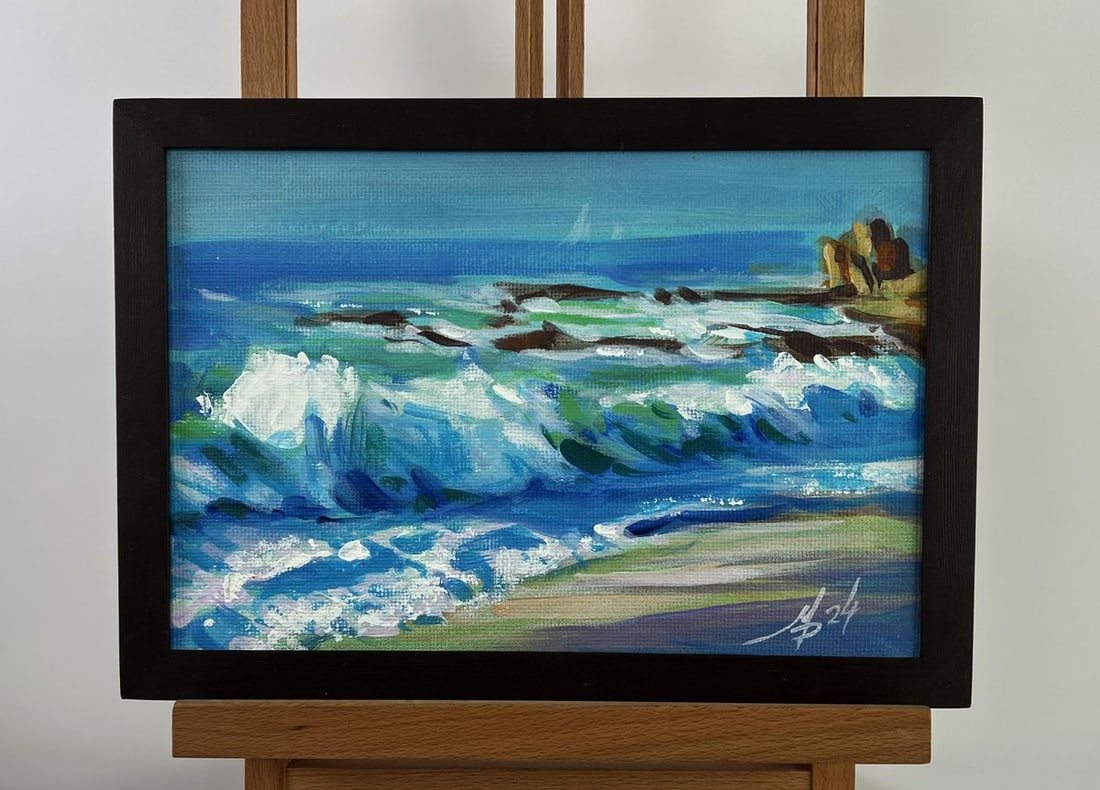 Acrylic painting Sea waves on the shore Mykhailo Patskan: Title: Acrylic painting Sea waves on the shore Mykhailo Patskan Description: ?AAA4886 The acrylic painting on cardboard titled "Sea Waves on the Shore" offers a vivid and dynamic portrayal of the ocea