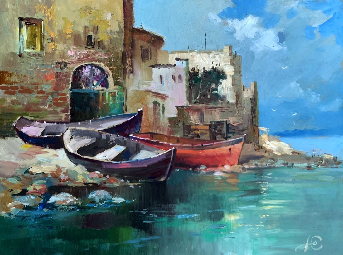 Oil painting On the seashore Yuriy Suprunchuk: Title: Oil painting On the seashore Yuriy Suprunchuk Description: ?AAA3618The painting "On the Seashore" vividly captures the timeless charm of a coastal village, where the sea meets human habitation