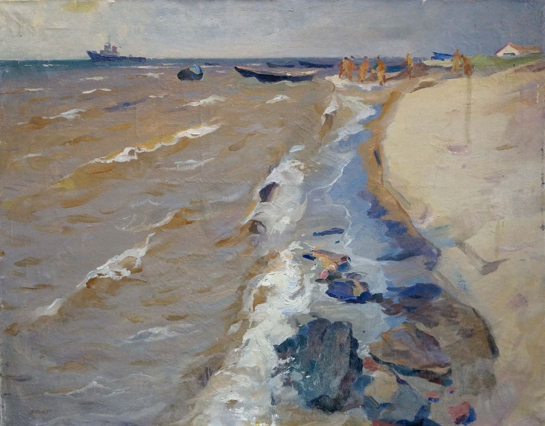 Oil painting By the shore: Title: Oil painting By the shore Description: ?Verns 910 *** ABOUT THIS PAINTING *** * TITLE: "By the shore" * ARTISTS: Unknown artist * SIZE: 70x90 cm/'27.55x35.43 inches' * MEDIUM: oil, canvas
