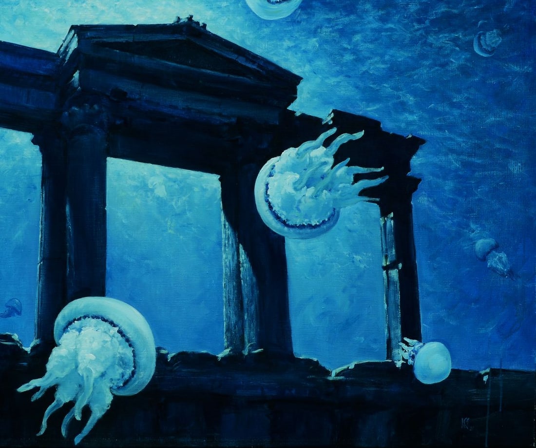 Oil painting Jellyfish Portal Oleg Kateryniuk: Title: Oil painting Jellyfish Portal Oleg Kateryniuk Description: ?Kat 17 "Jellyfish Portal" is an oil painting on canvas . The painting captures the ethereal quality of jellyfish, with their