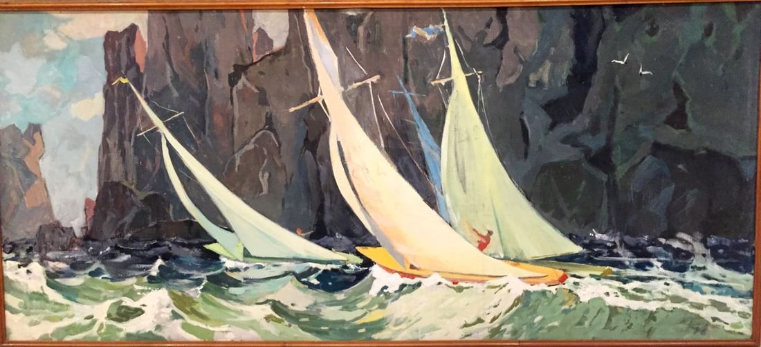 Oil painting Ships at sea: Title: Oil painting Ships at sea Description: ?Br 9 *** ABOUT THIS PAINTING *** * TITLE: "Ships at sea" * ARTISTS: Unknown artist. We didn't understood who the artist are * SIZE: 180x80