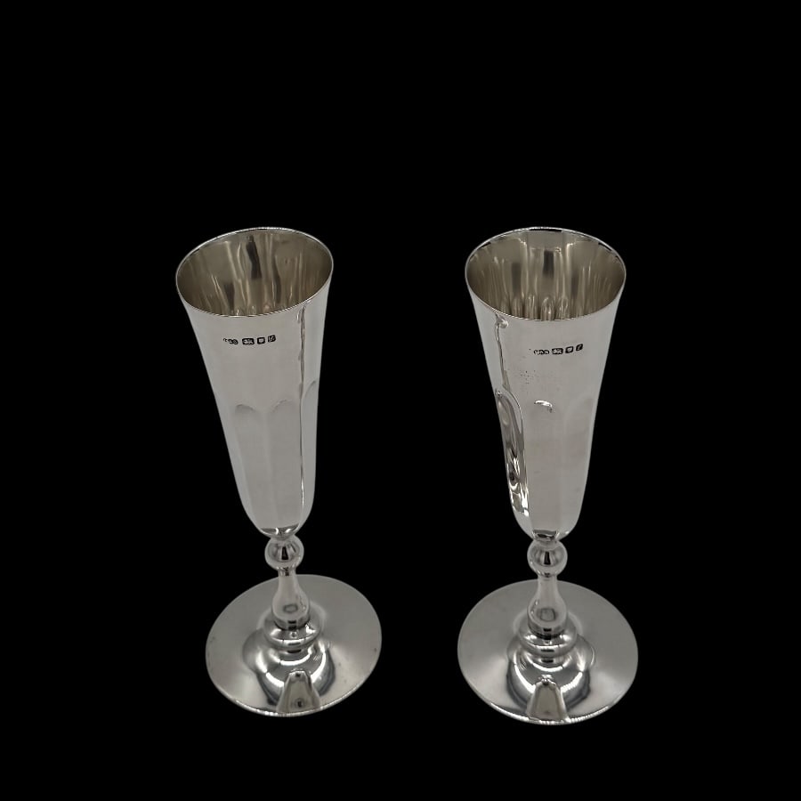 Mid 20th Century Modern Sterling Silver Pair Champagne Flutes London 1961 LAG - 2