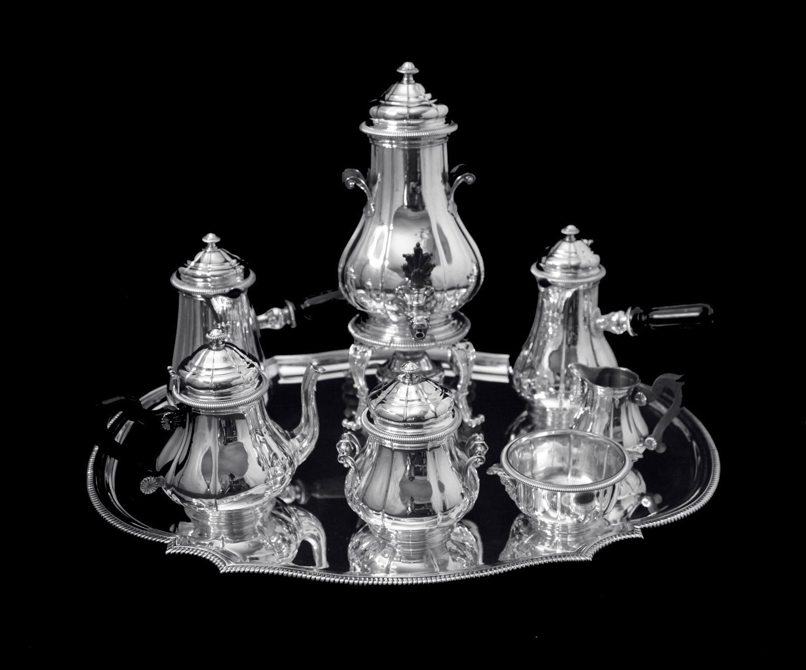 BOIN-TABURET, FABERGE - 8pc. FRENCH ANTIQUE 950 STERLING SILVER TEA SET + 6 FABERGE ESPRESSO CUPS ! - 2