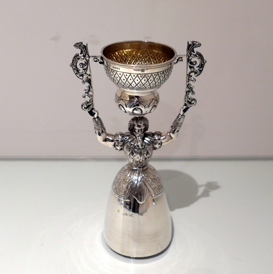 19th Century Antique Victorian Sterling Silver Figural Wager Cup London 1884 Charles Stuart Harris - 3