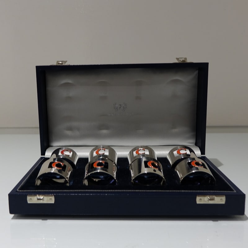 Set 8 Cased Silver & Enamelled Napkin Rings Retailed By Crawford - 2