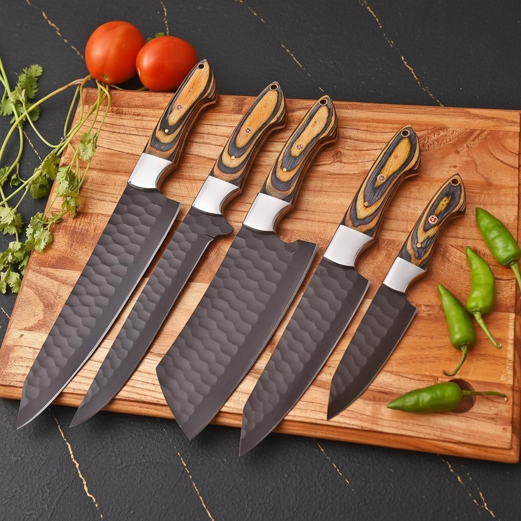 Hand Forged Damascus Steel 5-Piece Chef Knife Set with Wood Handles & Leather Roll: Title:Hand Forged Damascus Steel 5-Piece Chef Knife Set with Wood Handles & Leather RollDescription:This listing is for a premium, hand crafted 5-piece kitchen chef knives set. Each blade is