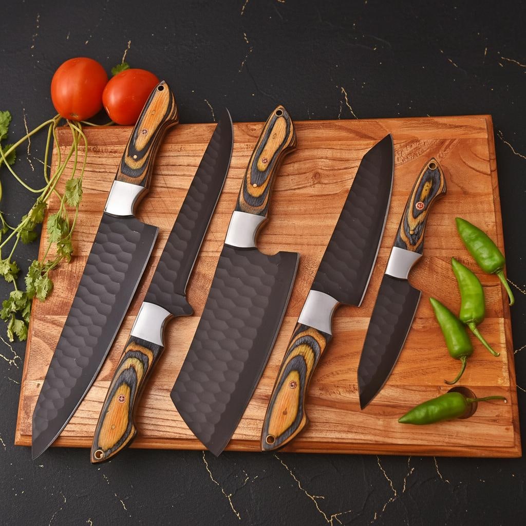 Hand Forged Damascus Steel 5-Piece Chef Knife Set with Wood Handles & Leather Roll - 5