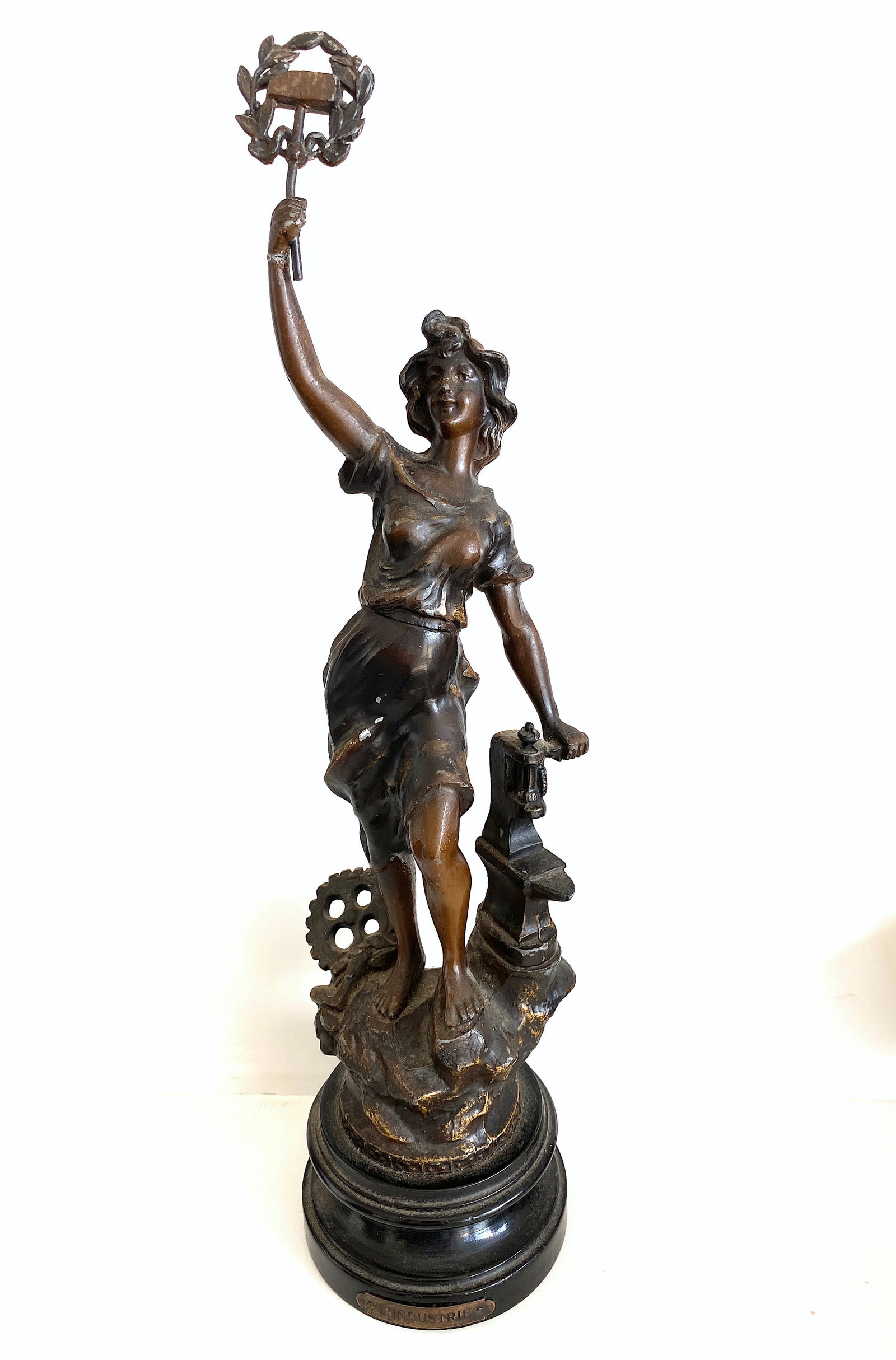 Antique spelter figure of girl - l' industrie - with brass plaque & bronze finish: Title: Antique spelter figure of girl - l' industrie - with brass plaque & bronze finish Maker:Unknown Origin: Unknown Date/Period:Bronze/Brass Materials:Bronze/Brass Size:Size: 130.0 x 120.0 x 460.0