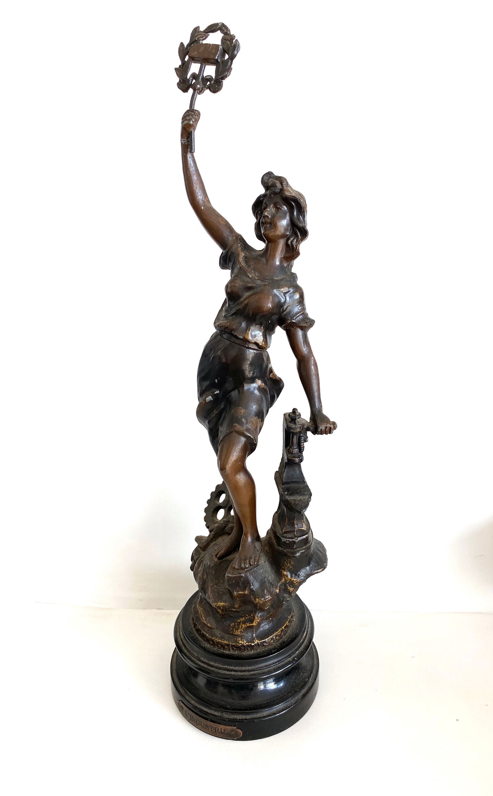 Antique spelter figure of girl - l' industrie - with brass plaque & bronze finish - 3