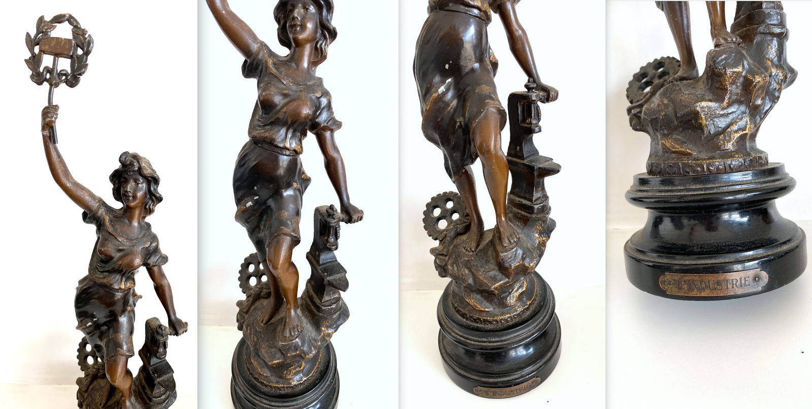 Antique spelter figure of girl - l' industrie - with brass plaque & bronze finish - 7