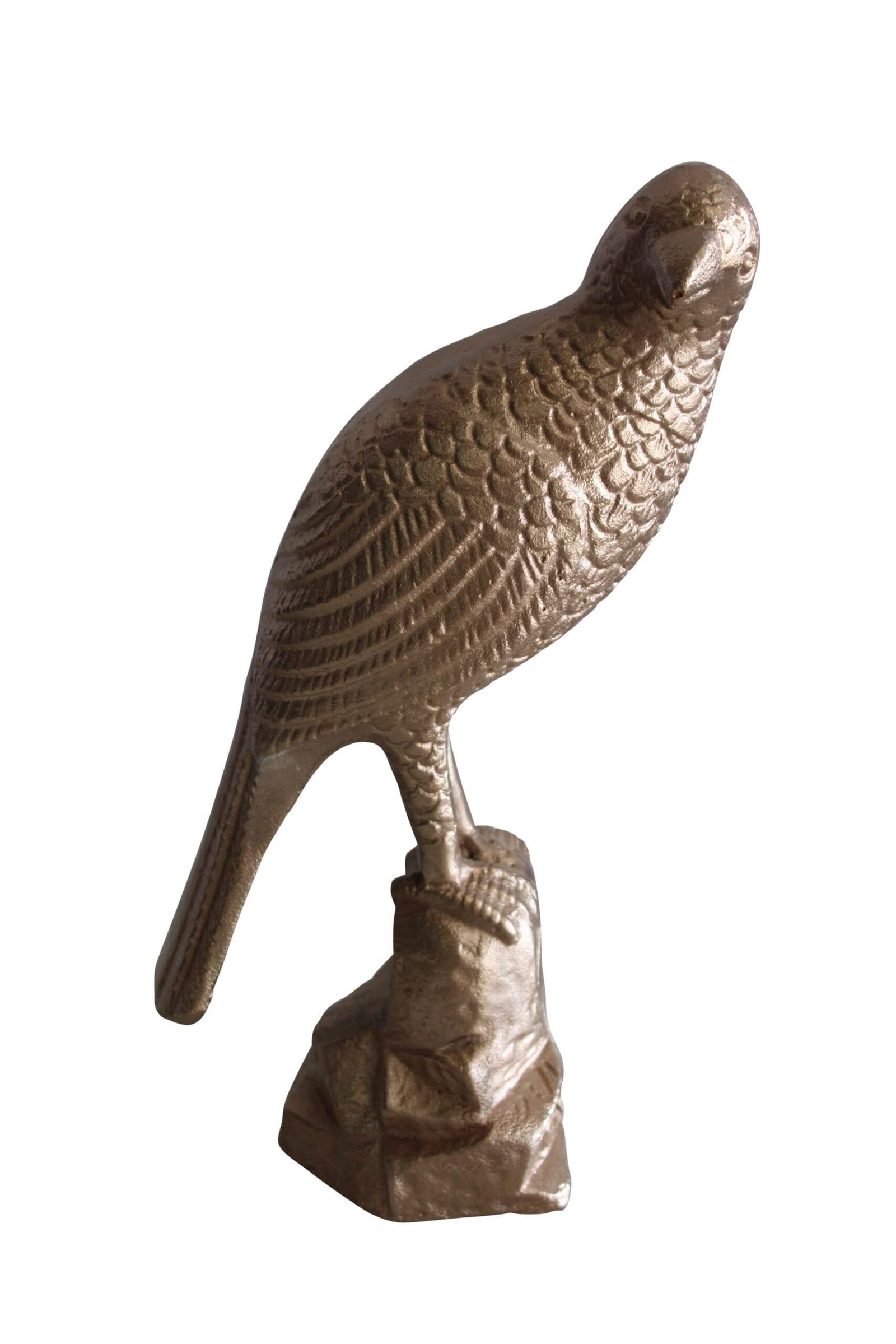 Aluminum Bird on Rock with Gold Finish, Elegant Decor 7" x 5" x 15"H: Title:Aluminum Bird on Rock with Gold Finish, Elegant Decor 7" x 5" x 15"HDescription:Introducing our pair of aluminum cranes with wings open, featuring a green patina finish. Handcrafted and casted,