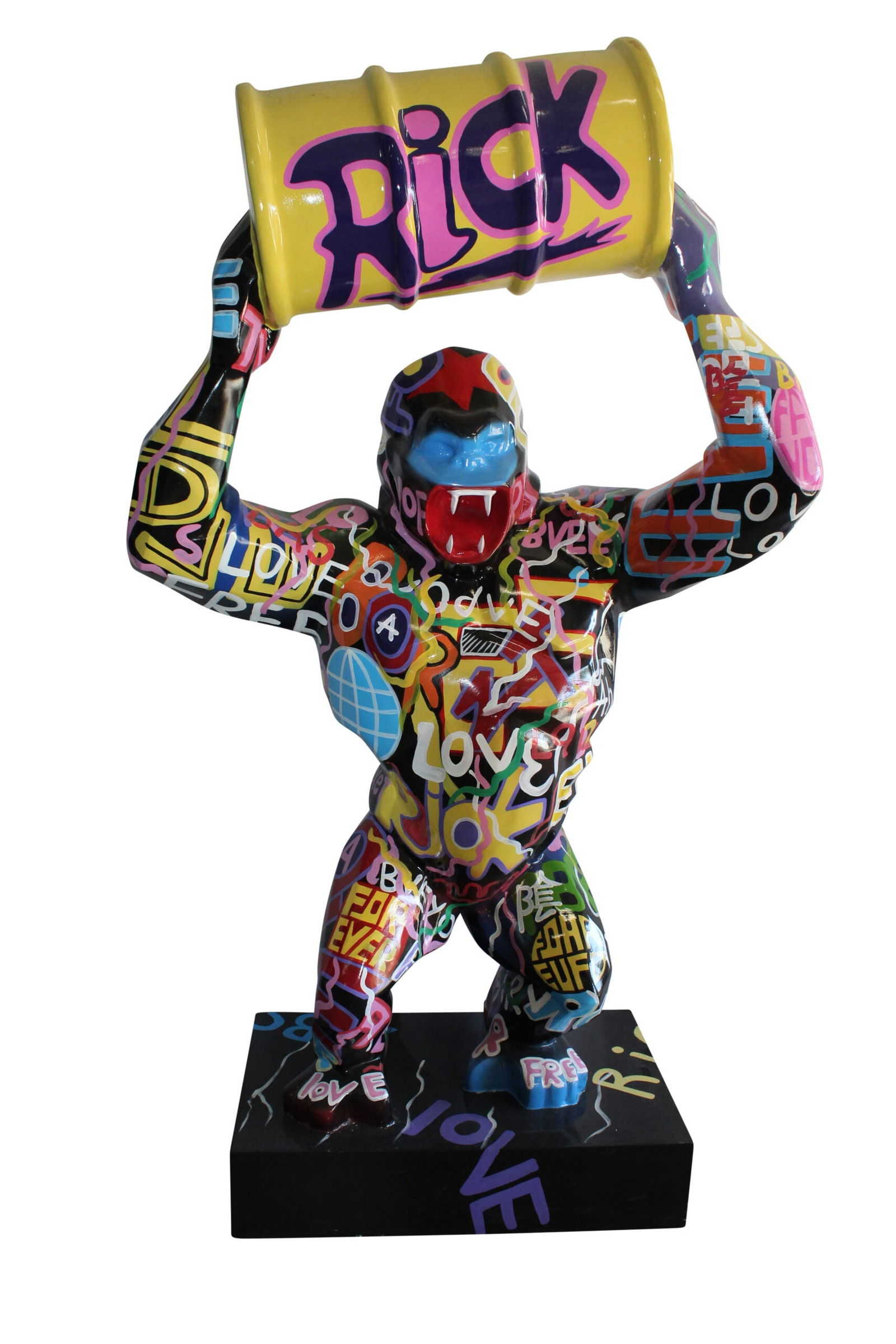 Giant Resin Gorilla Statue Holding a Barrell 28" x 21" x 83"H: Title:Giant Resin Gorilla Statue Holding a Barrell 28" x 21" x 83"HDescription:Introducing our Giant Resin Gorilla Statue, a captivating addition to any space. Crafted with meticulous detail, it