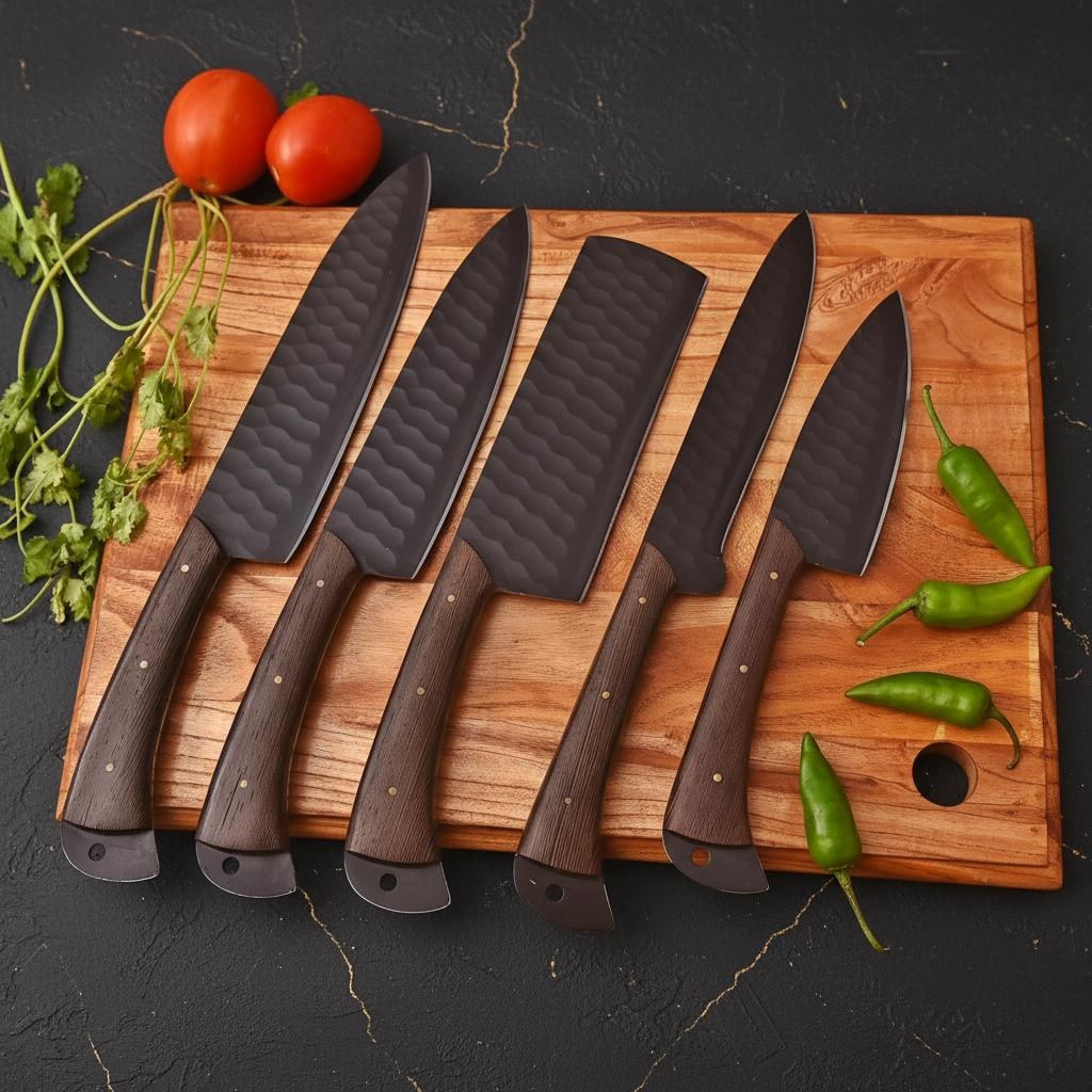 Damascus Steel Chef Knife Set 5pc Hand Forged High Carbon Blades & Leather Roll - 3