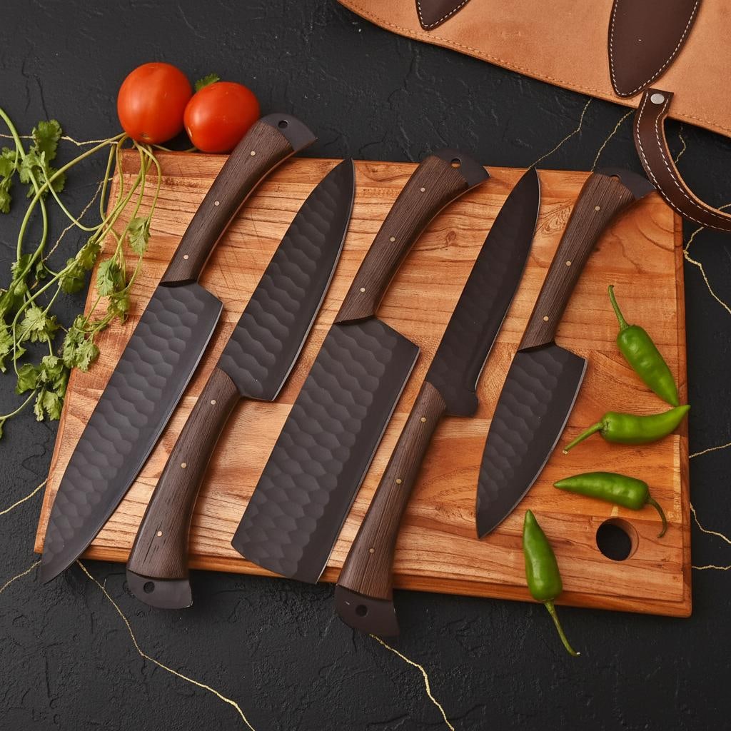 Damascus Steel Chef Knife Set 5pc Hand Forged High Carbon Blades & Leather Roll - 4