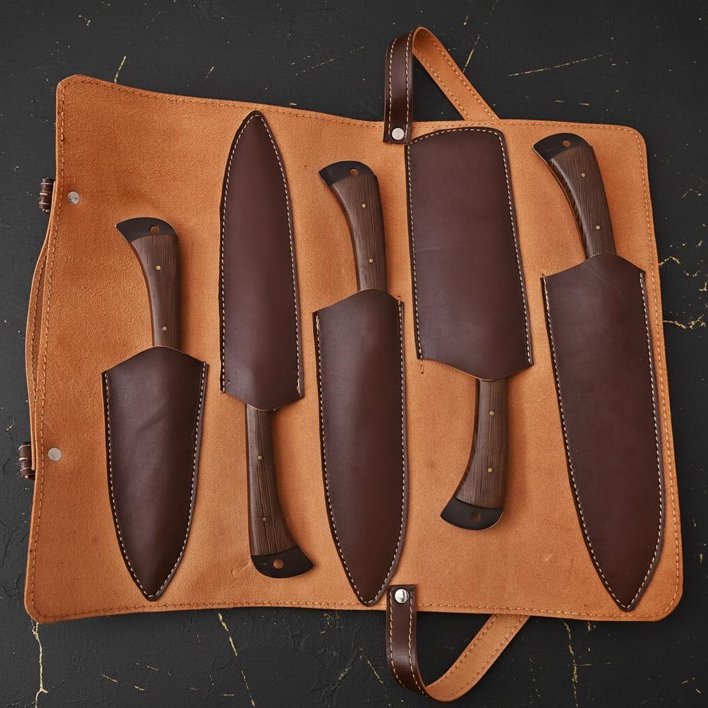 Damascus Steel Chef Knife Set 5pc Hand Forged High Carbon Blades & Leather Roll - 5