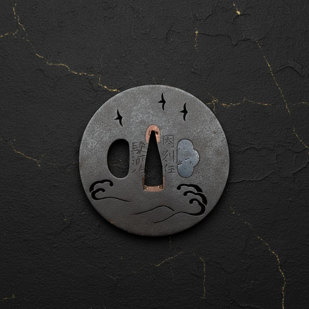 Iron Sukashi Tsuba with Plovers and Waves, Inshu Suruga School, Antique Edo Sword Fitting: Title:Iron Sukashi Tsuba with Plovers and Waves, Inshu Suruga School, Antique Edo Sword FittingDescription:This is an authentic antique Japanese tsuba (?) from the late Edo period, created by the