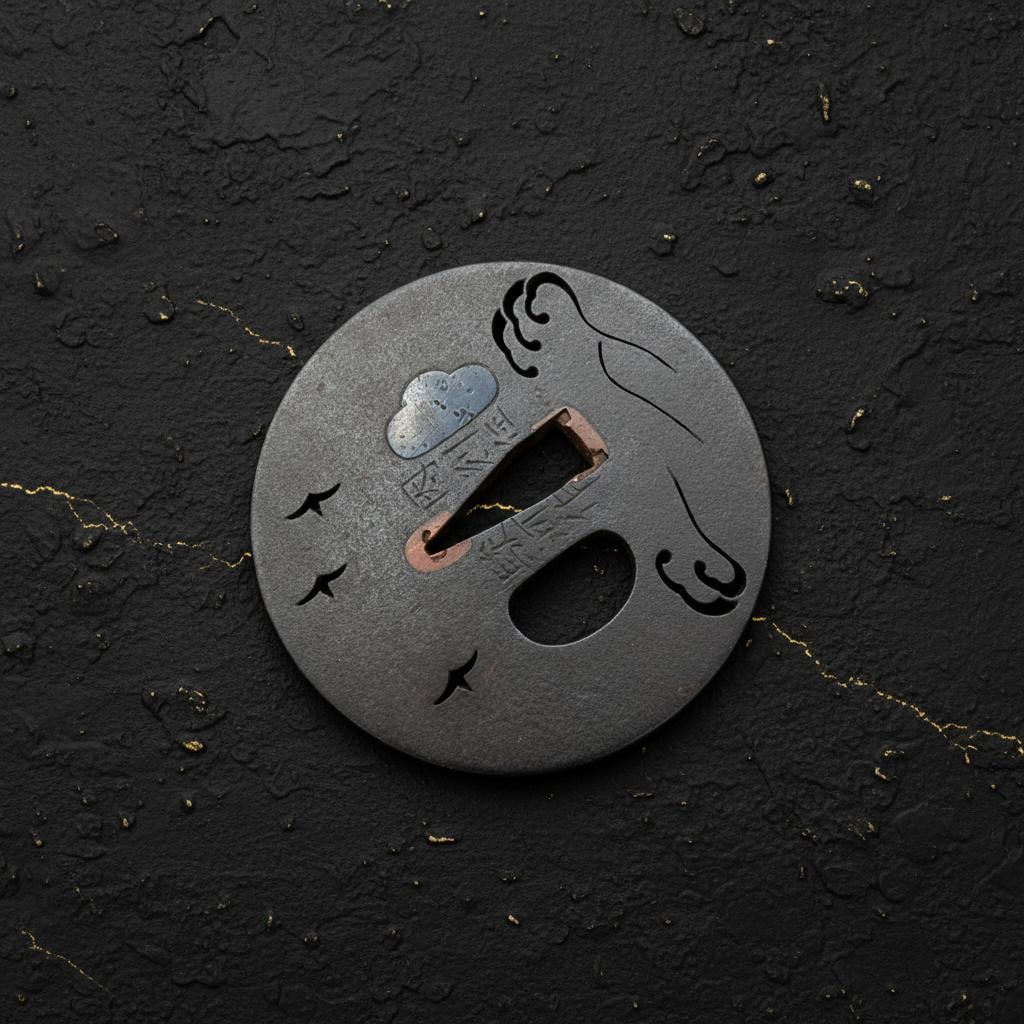 Iron Sukashi Tsuba with Plovers and Waves, Inshu Suruga School, Antique Edo Sword Fitting - 4