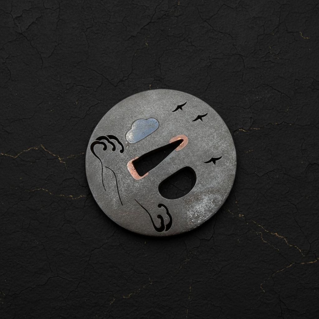 Iron Sukashi Tsuba with Plovers and Waves, Inshu Suruga School, Antique Edo Sword Fitting - 5