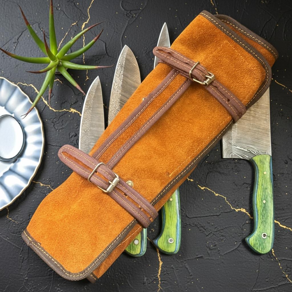 5-Piece Damascus Steel Chef Knife Set | Pakka Wood Handles & Leather Sheath - 2