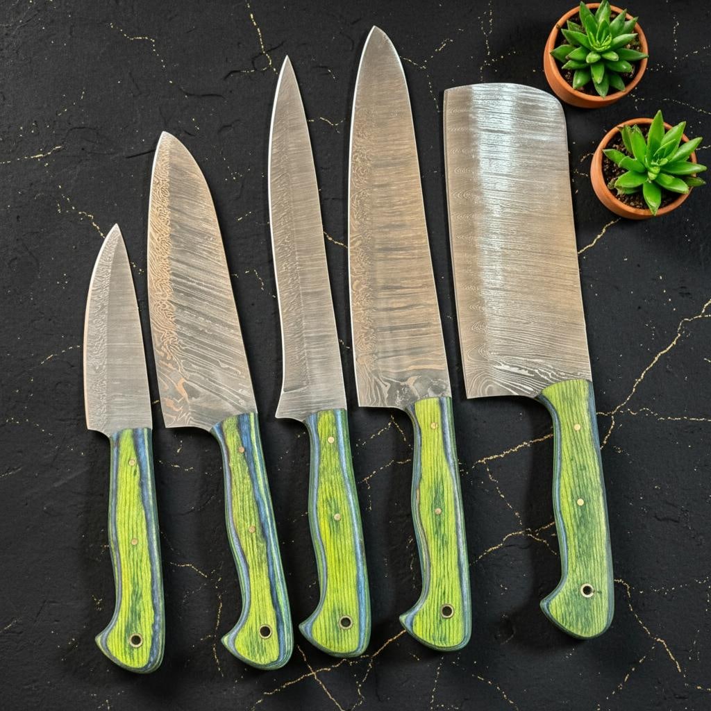 5-Piece Damascus Steel Chef Knife Set | Pakka Wood Handles & Leather Sheath - 3