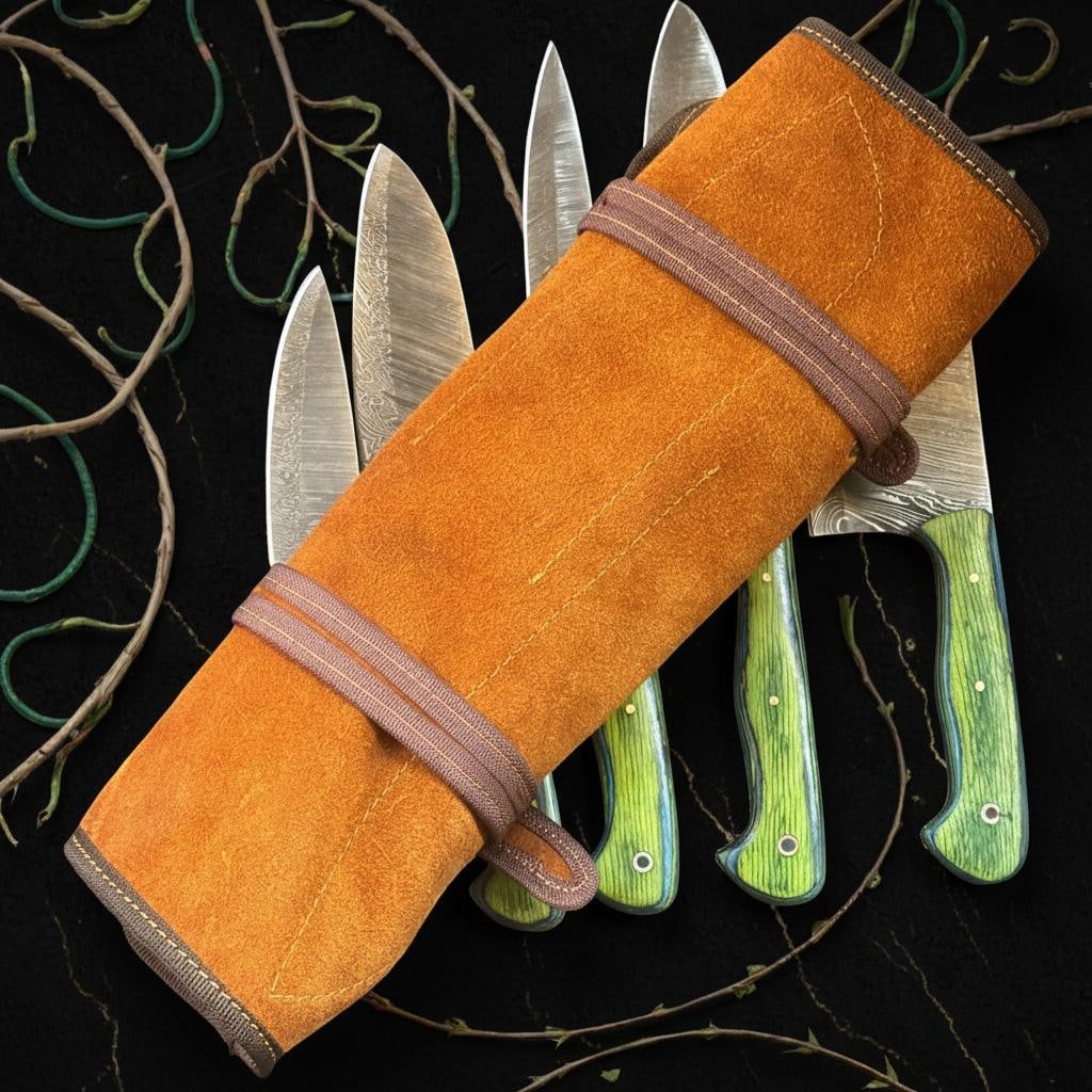 5-Piece Damascus Steel Chef Knife Set | Pakka Wood Handles & Leather Sheath - 4