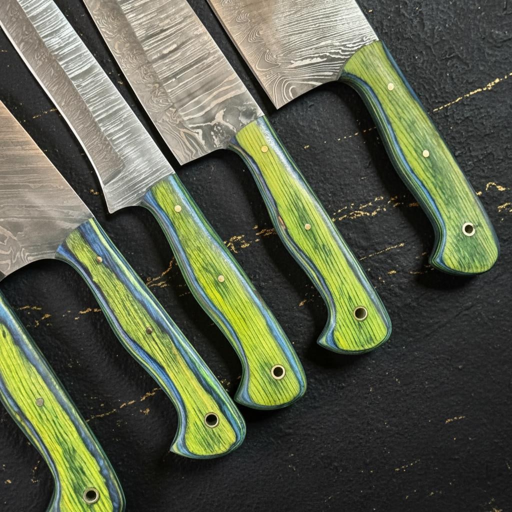 5-Piece Damascus Steel Chef Knife Set | Pakka Wood Handles & Leather Sheath - 6