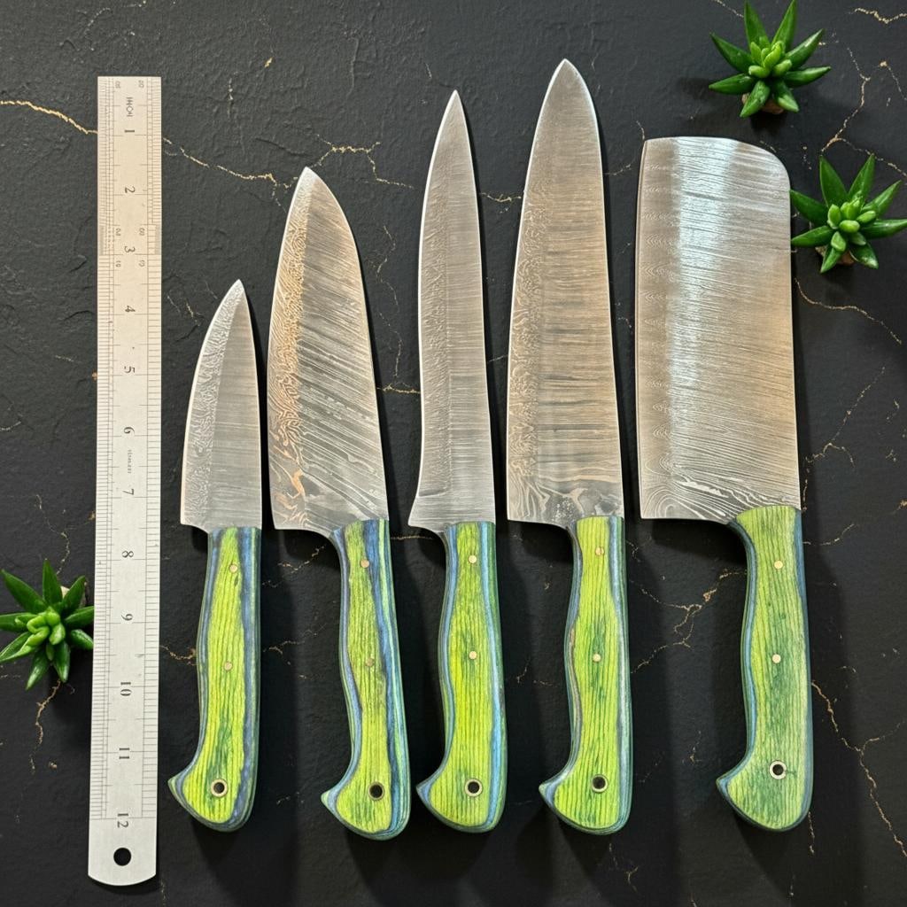 5-Piece Damascus Steel Chef Knife Set | Pakka Wood Handles & Leather Sheath - 7