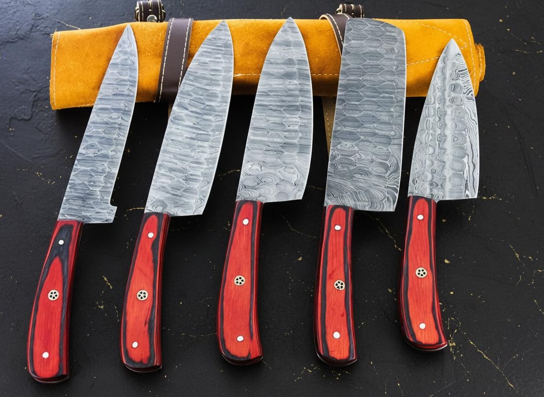 5 Piece Hand Forged Damascus Steel Chef Knife Set with Hardwood Handles & Sheaths: Title:5 Piece Hand Forged Damascus Steel Chef Knife Set with Hardwood Handles & SheathsDescription:This listing is for a beautiful custom 5 piece chef knife set, expertly hand forged from