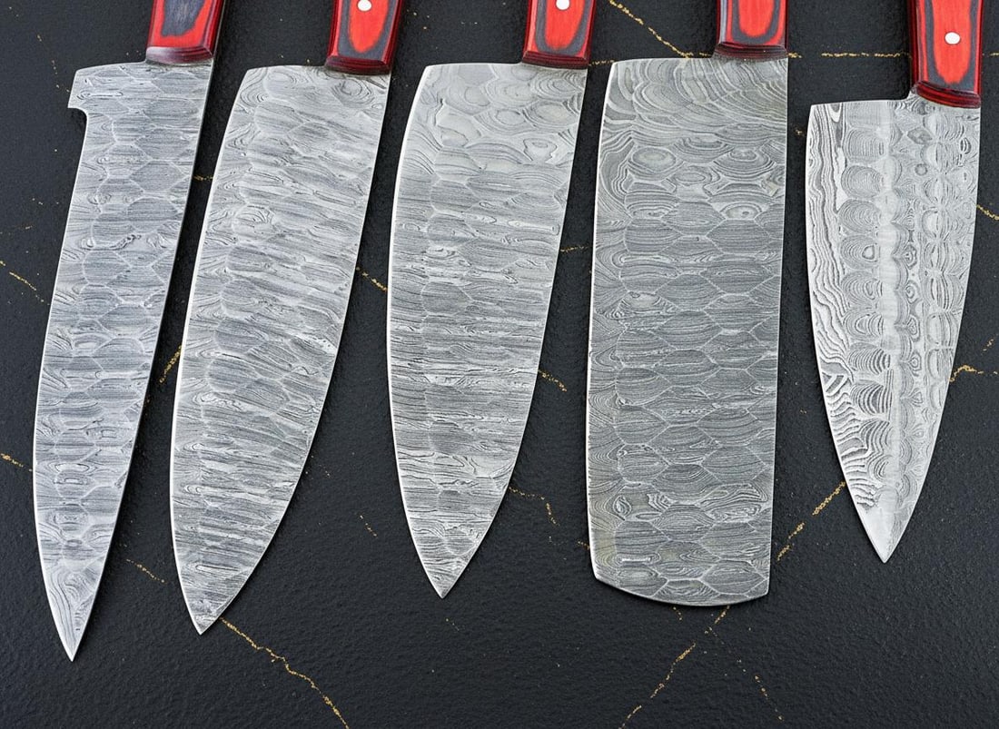 5 Piece Hand Forged Damascus Steel Chef Knife Set with Hardwood Handles & Sheaths - 5