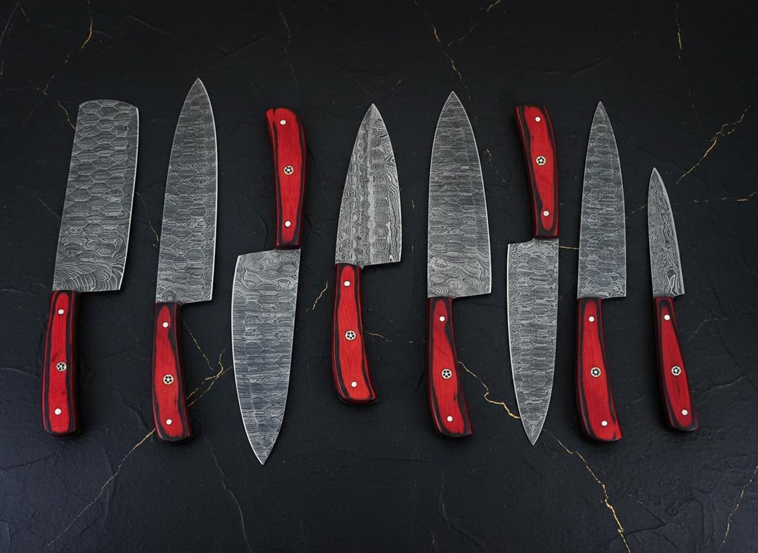 5 Piece Hand Forged Damascus Steel Chef Knife Set with Hardwood Handles & Sheaths - 7