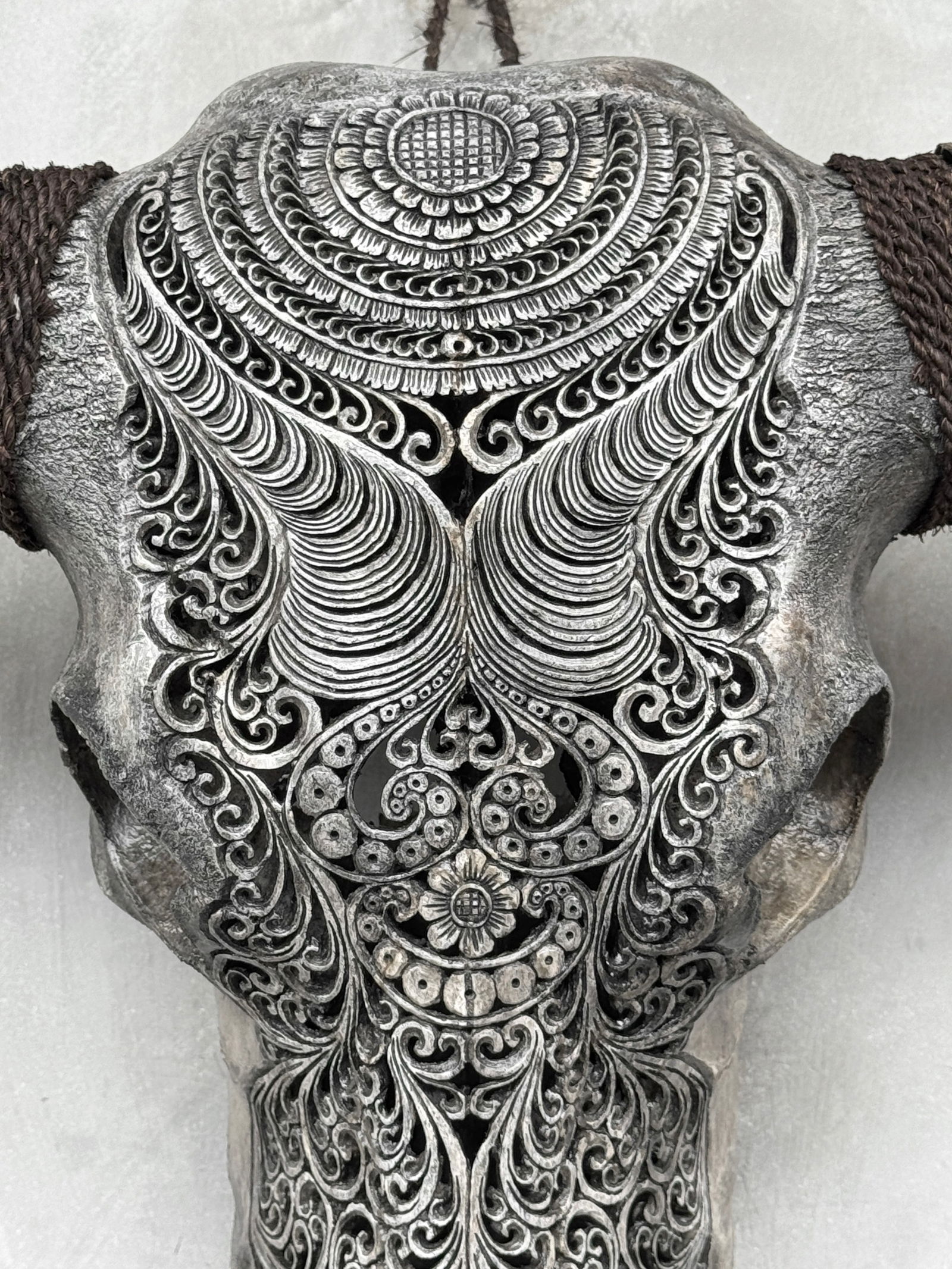 Stunning carved grey water buffalo skull - Badong motif - 4
