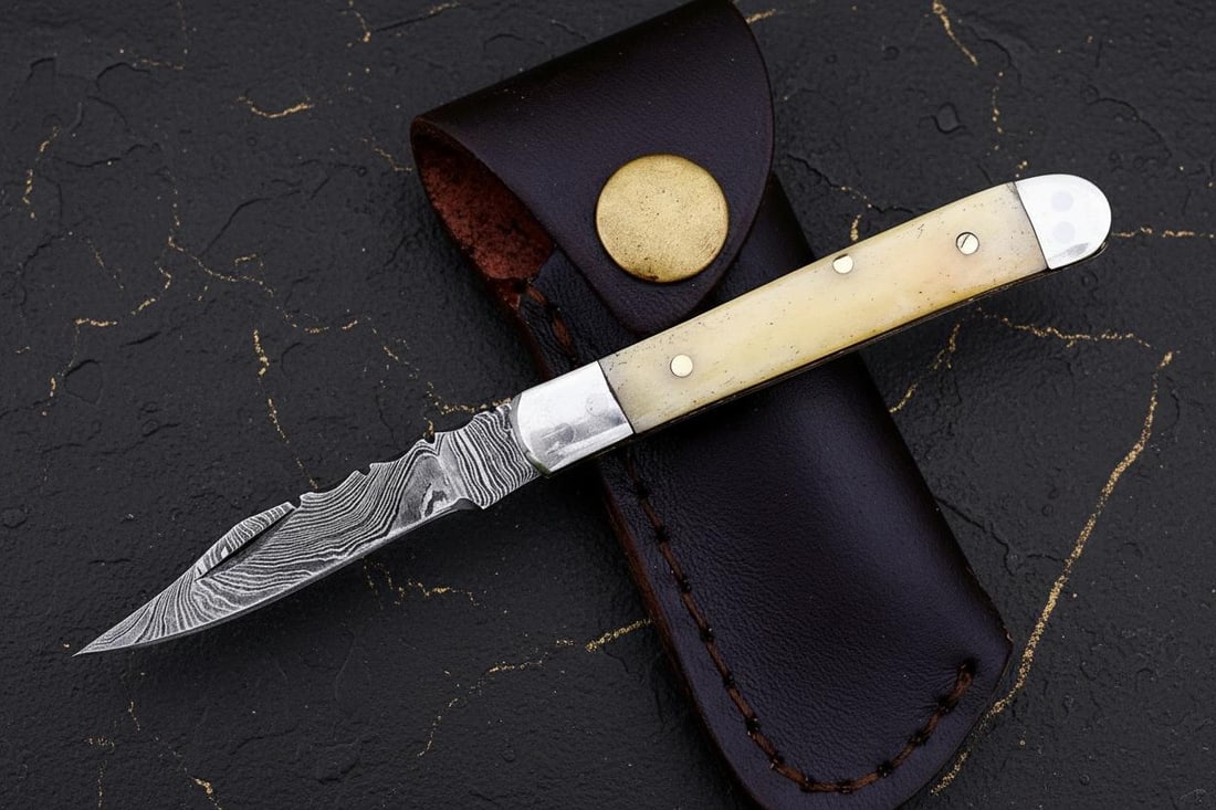 Camel Bone Handle Mini Trapper Pocket Knife, Hand Forged Twisted Damascus Steel - 2