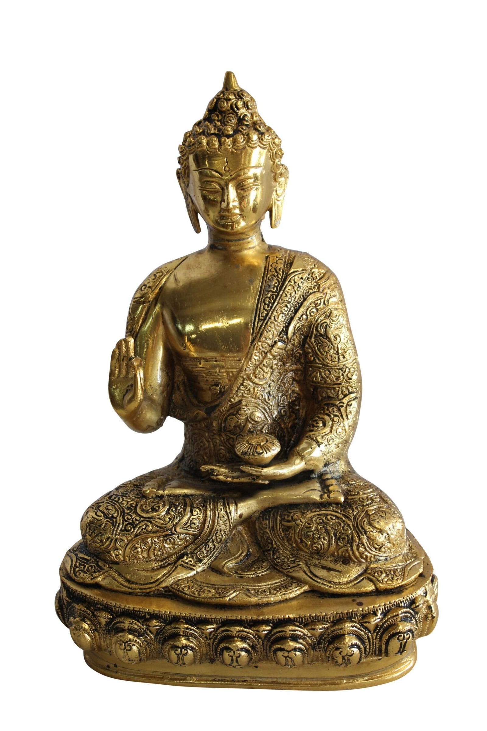 Tibetan Buddha Aluminum Sculpture in Radiant Gold Finish 10" x 7" x 14"H: Title:Tibetan Buddha Aluminum Sculpture in Radiant Gold Finish 10" x 7" x 14"HDescription:Introducing our Tibetan Buddha sculpture in radiant gold finish. Handcrafted and casted, it exudes serenity