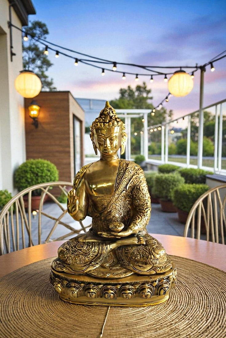 Tibetan Buddha Aluminum Sculpture in Radiant Gold Finish 10" x 7" x 14"H - 2
