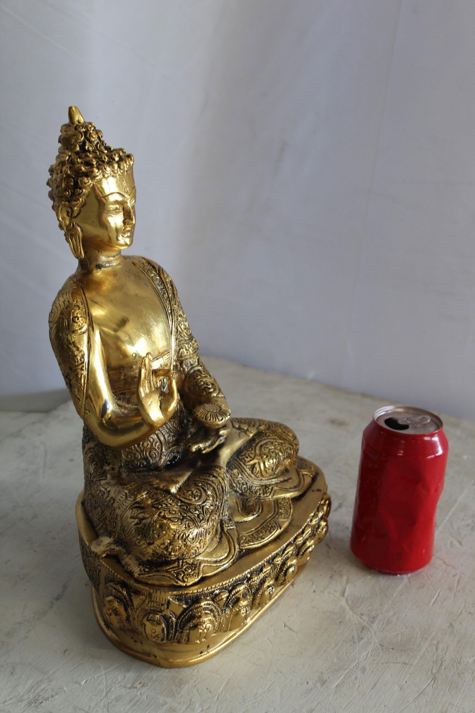 Tibetan Buddha Aluminum Sculpture in Radiant Gold Finish 10" x 7" x 14"H - 6